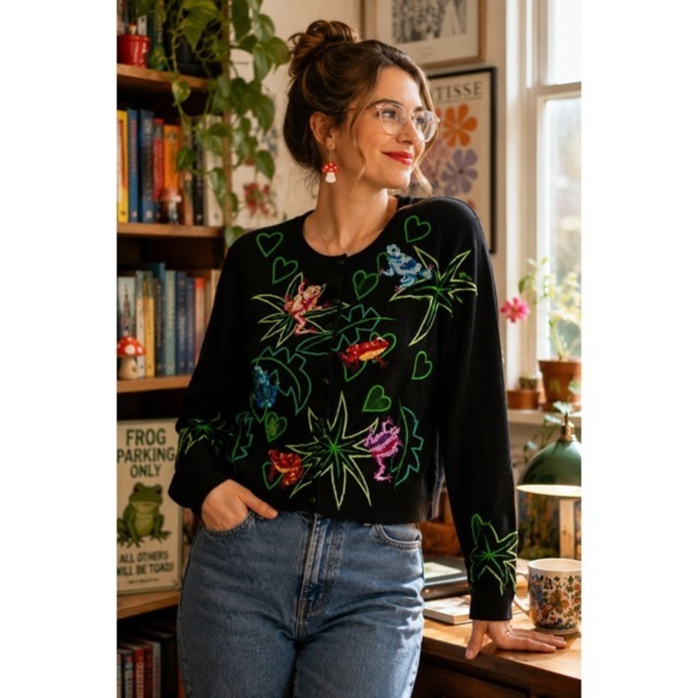 Vintage Michael Simon Frog Cardigan Sequin Embroidered Novelty Sweater Womens S